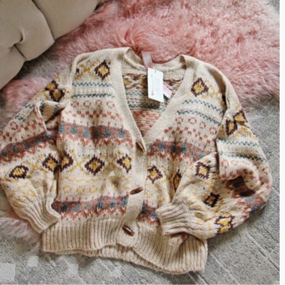 Patterned Beige Cardigan Sweater - Picture 2 of 6